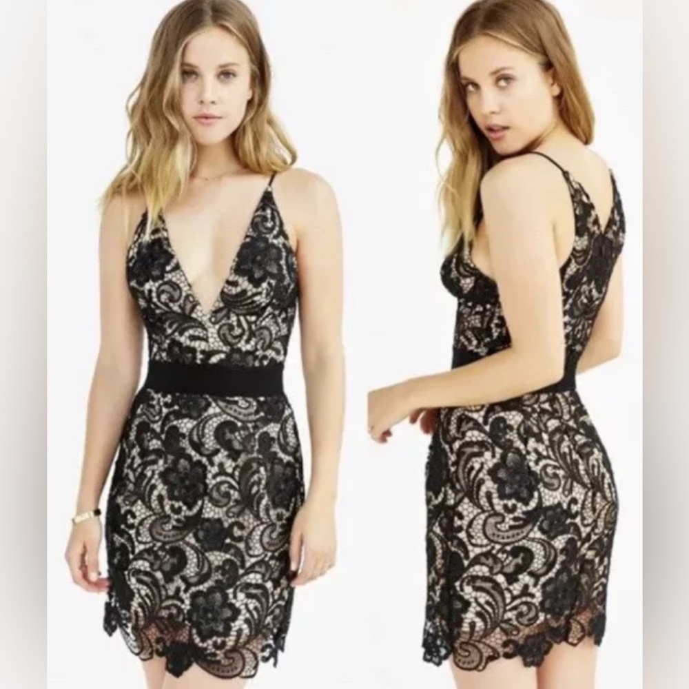 Dress the Population Black Lace Over Nude Mini Dress